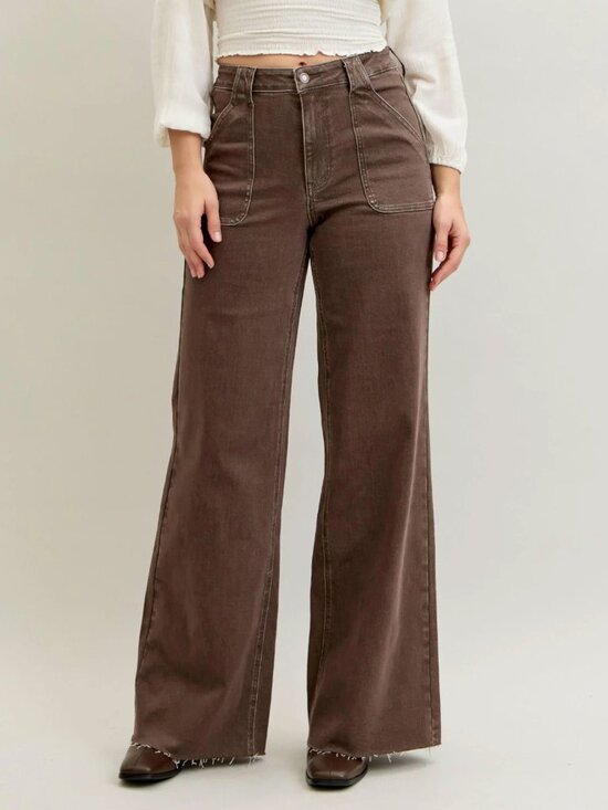 Judy Blue Chocolate Brown Retro Wide Raw Hem Patch Pocket Stretch Jeans 1/25